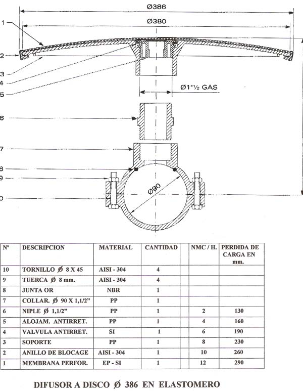 plano Difusor de microburbuja a disco 9 260 - ELASTOMERO -Difusores para Depuraci&oacute;n y agitaci&Oacute;N de aguas 